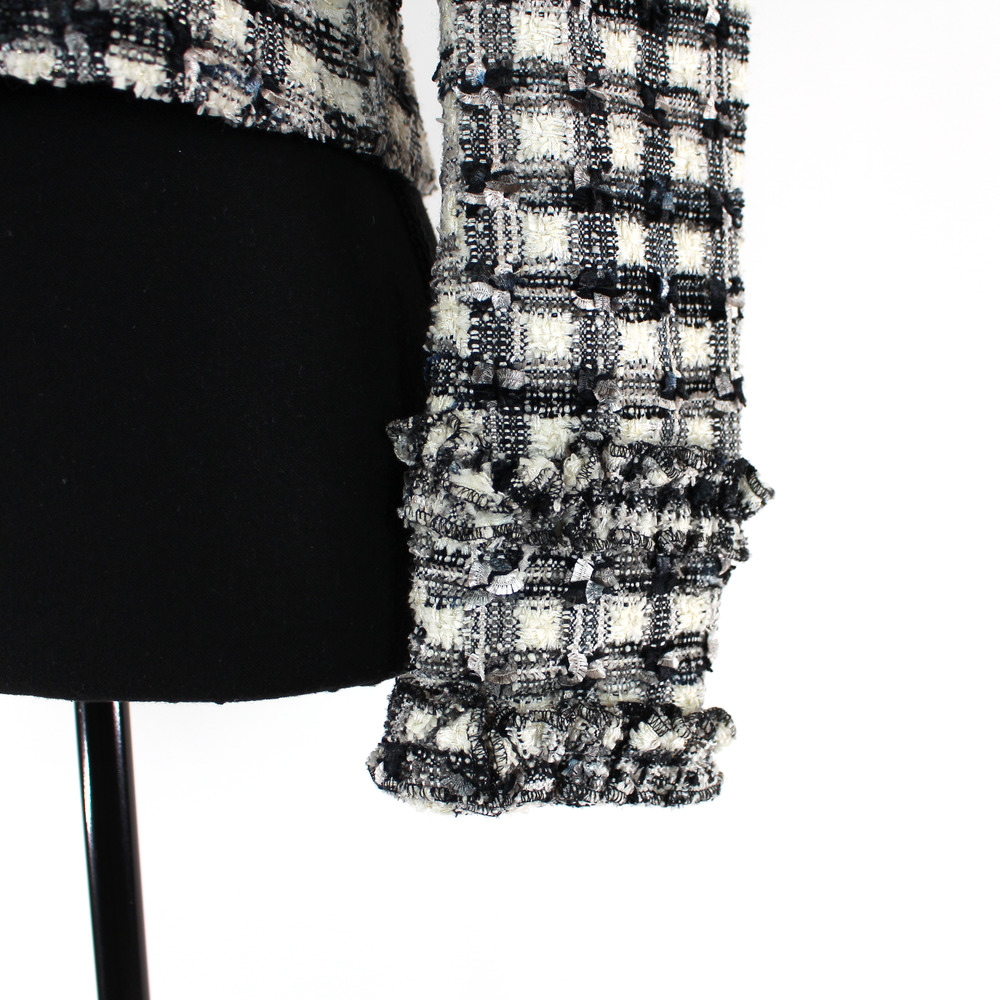 LoveShackFancy Lace Black Plaid Patrick Blazer 2 NEW Cropped Ivory Tweed Jacket - Picture 6 of 9